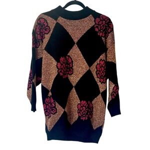 Vintage Dana Scott Sweater Tunic Harlequin Metallic Gold Red Floral Womens Large